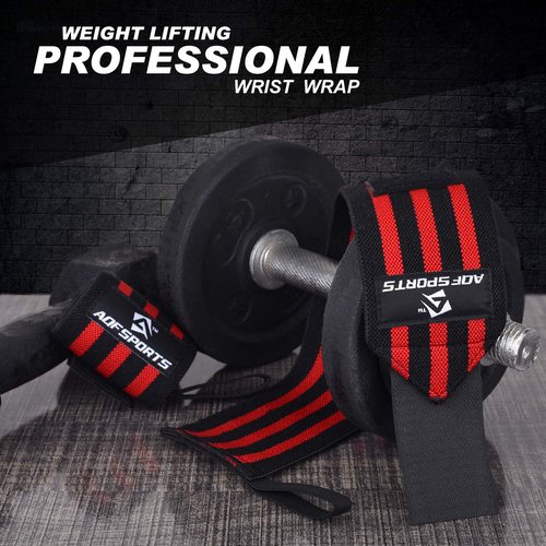 AQF Power Weight Lifting Wrist Wraps Supports with Thumb Loop for Gym Strength Training, Powerlifting, Bodybuilding and Deadlifts (Red & Black, 18")