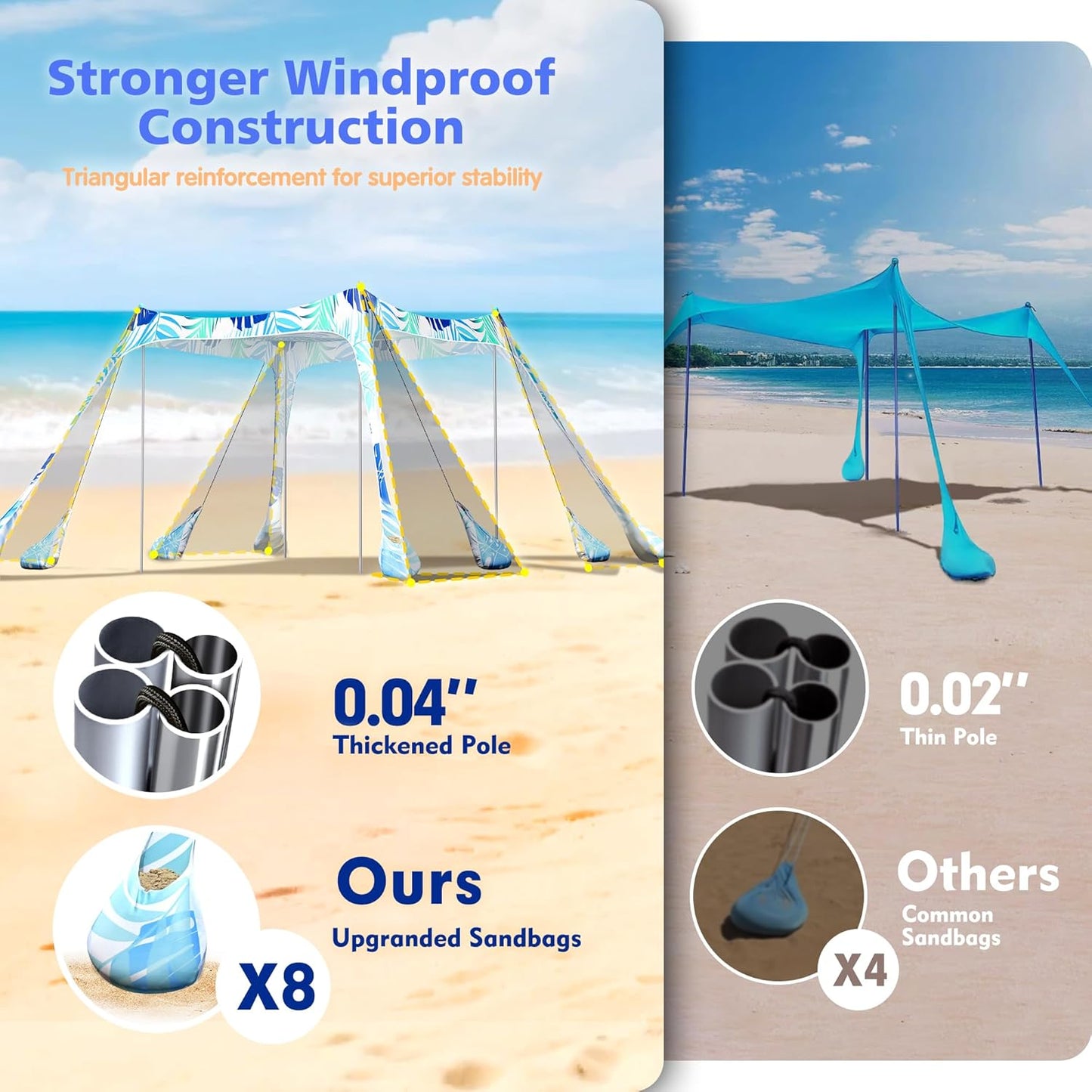 2PM SPORTS Beach Tent Canopy with UPF50+ UV Protection, Outdoor Large Beach Sun Shade Shelter for Family Picnic Camping Travel Shore Fishing, 8 Sandbags, Sand Shovel (Navy Blue, 10x10 FT)
