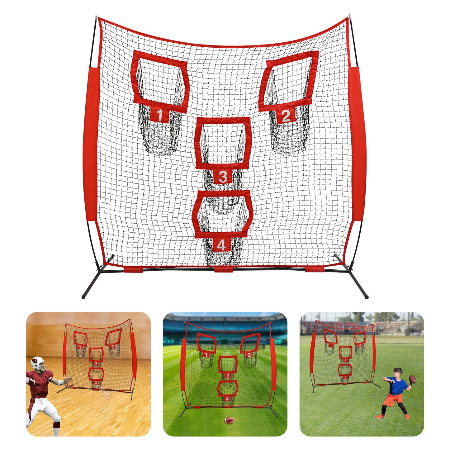 KeruRome 7 x 7ft Football Trainer Throwing Net Quarterback Training Equipment with 4 Target Pockets, Training Throwing Target Practice Football Practice Throwing Passing Accuracy Trainer