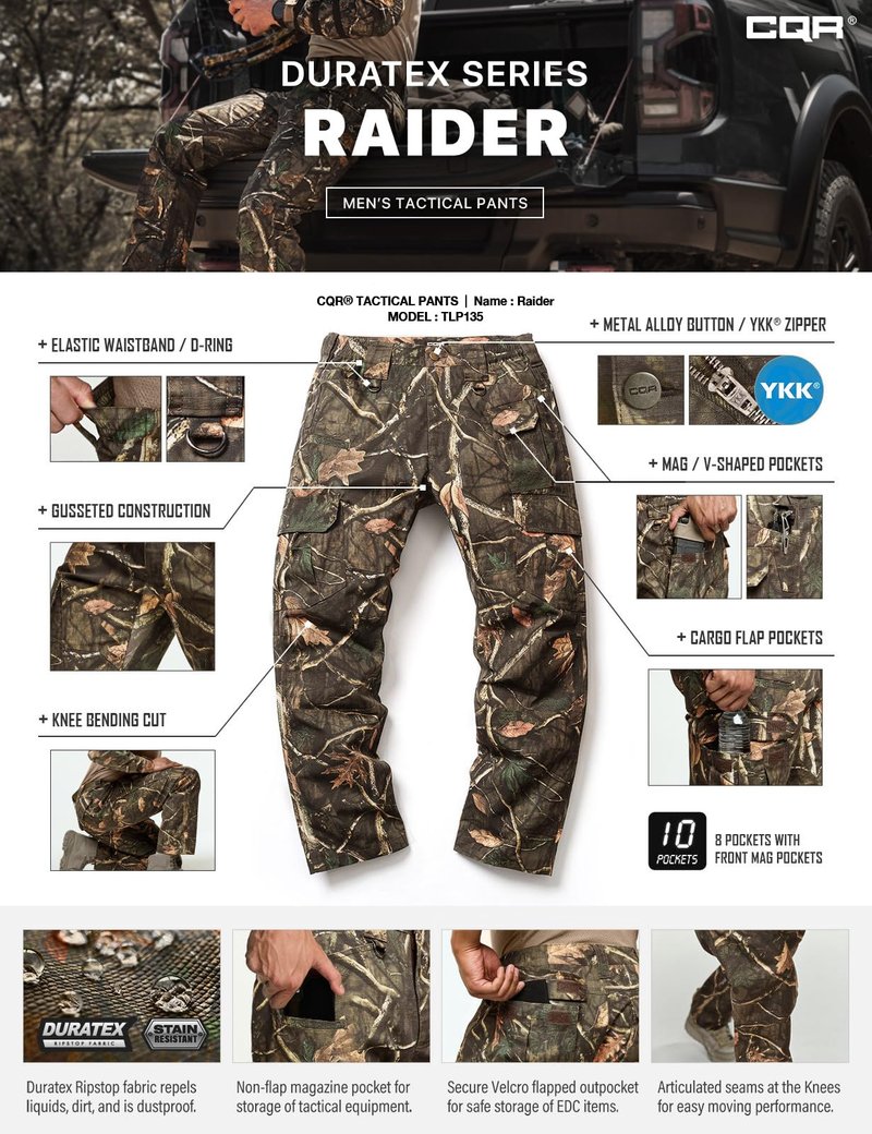 CQR Men's Tactical Pants, Water Resistant Ripstop Cargo Pants, Lightweight EDC Work Hiking Pants, Outdoor Apparel, Duratex Mag Pocket Print Hunting Camo, 46W x 30L