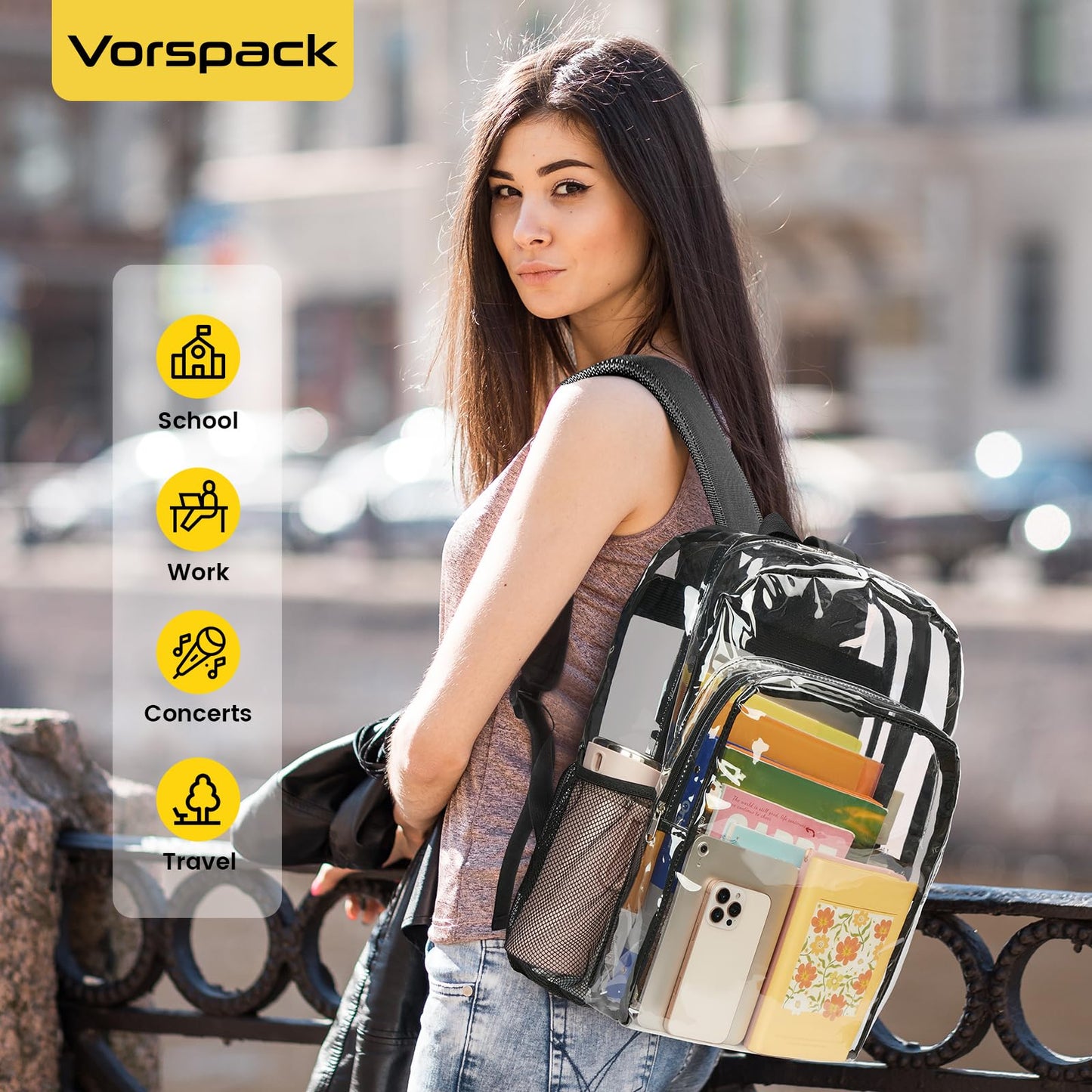 Vorspack Clear Backpack Heavy Duty - Transparent See Through Backpacks Extra Large Clear Bookbag for College Work Travel - Black