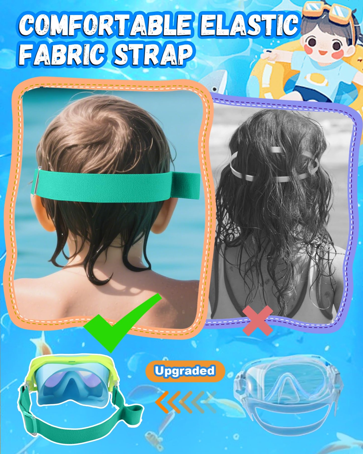 ITOWE Kids Swimming Goggles with Fabric Strap, Toddler Swim Goggles with Nose Cover for Kids 6-14 4-7 8-12 3-5 Boys Girls Youth, UV Protection No Leak Anti Fog Clear Vision Pool Elastic Strap Goggles