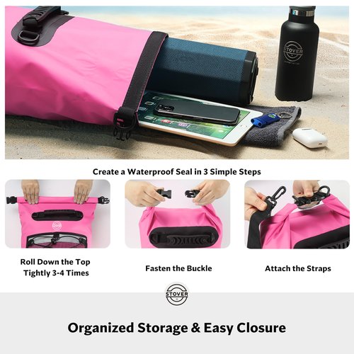 STOVER 5/10/25/30/40/55L Waterproof Dry Backpack & Phone Case- Medium Floating Dry Bag for Kayaking, Travel, Hiking, Fishing, Camping, Motorcycles & Beach, Heavy-Duty Roll Top Men/Women (Pink)