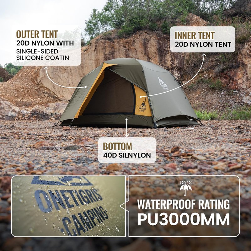 OneTigris Stella 4 Season Camping Tent Backpacking 2 Person Waterproof Lightweight Easy Setup Instant 3000mm Waterproof Rating Outdoor Hiking Tent