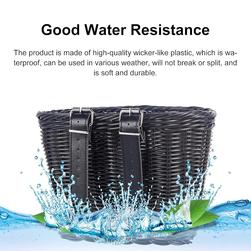 Front-Handlebar Woven Bike Basket with 2 Adjustable Leather Straps - Black&Kids Variation
