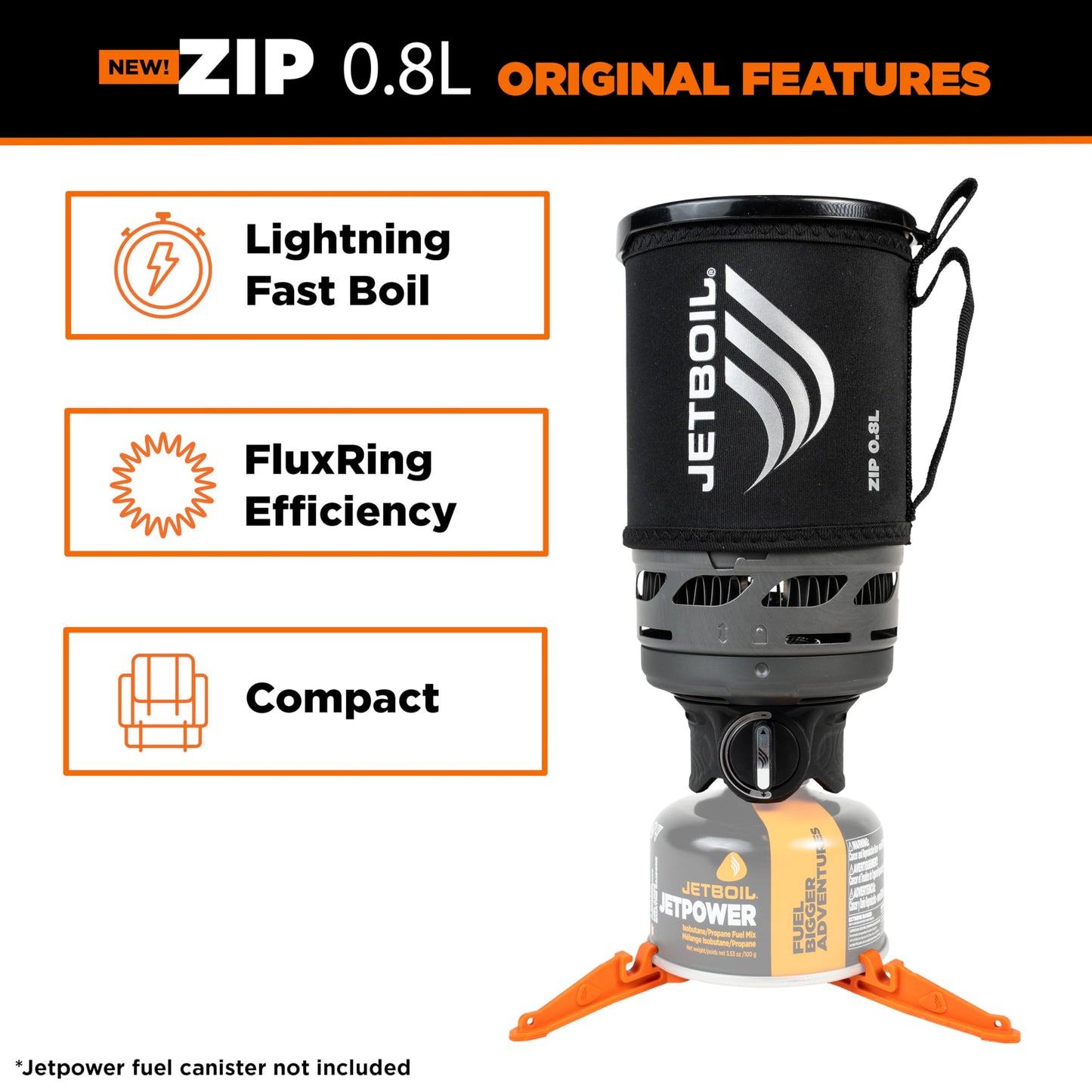 Jetboil Zip 0.8L Portable Fast Boil Stove with Easy-Turn Knob Igniter for Backpacking and Camping, New for 2025, Propane/Isobutane Burner with Cooking Cup