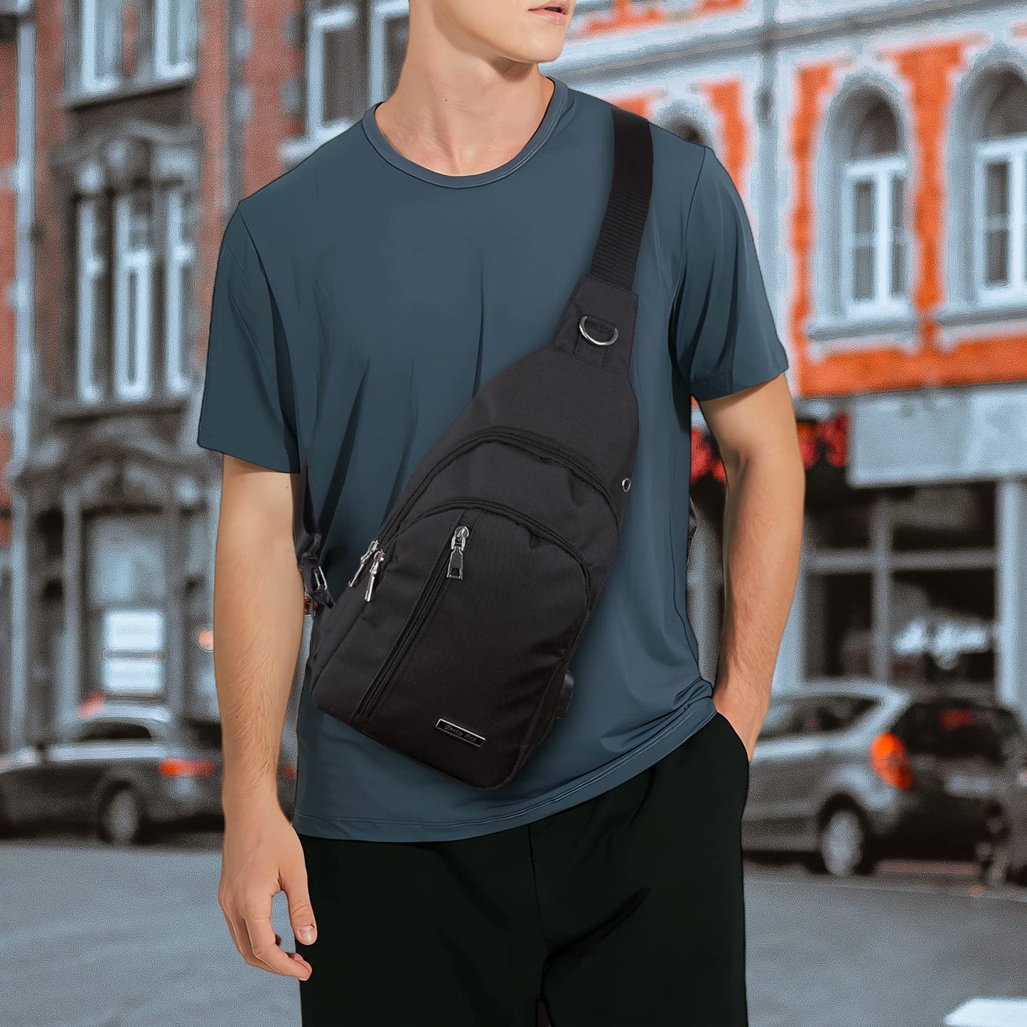 Seoky Rop Small Sling Bag for Men Women One Strap Shoulder Crossbody Backpack with USB Charging Port for Hiking Cycling Travel Black