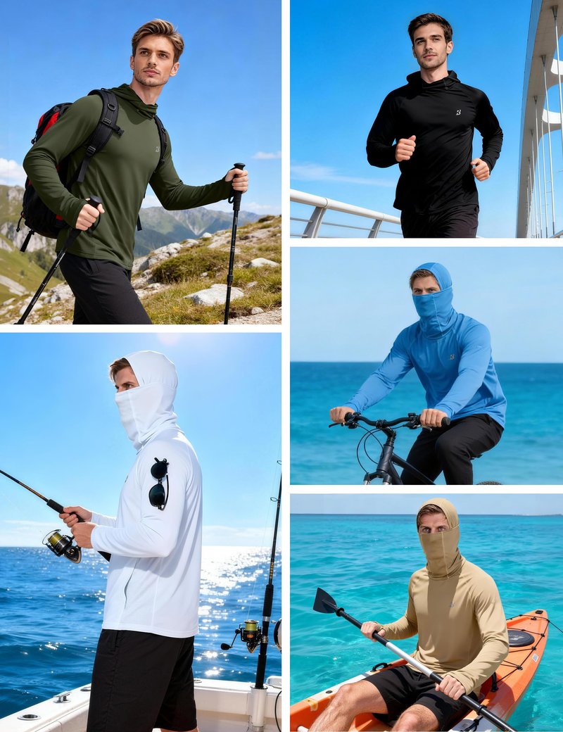 Roadbox Mens UPF 50+ Sun Protection Hoodie, Long Sleeve Fishing Shirt with Mask, Lightweight UV SPF Hooded for Hiking Running