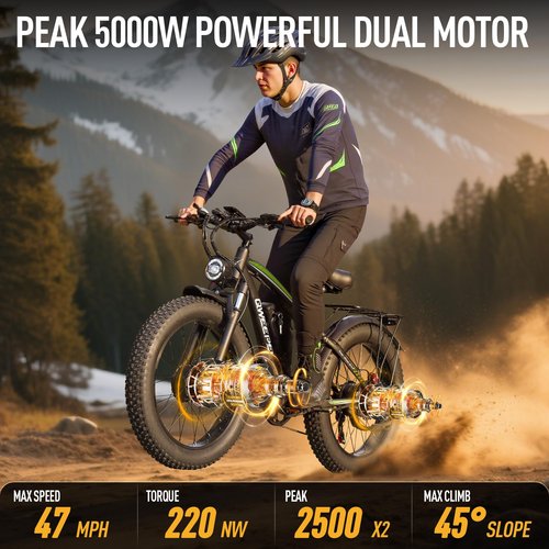 Qweepei Peak 5000W Dual Motor Ebike,52V 32AH Battery Electric Bike for Adults Fast 47MPH 100 Miles Long Range E Bike with Rear Bag 24Inch Fat Tire Commuter Electric Bicycle for Men Women UL Certified
