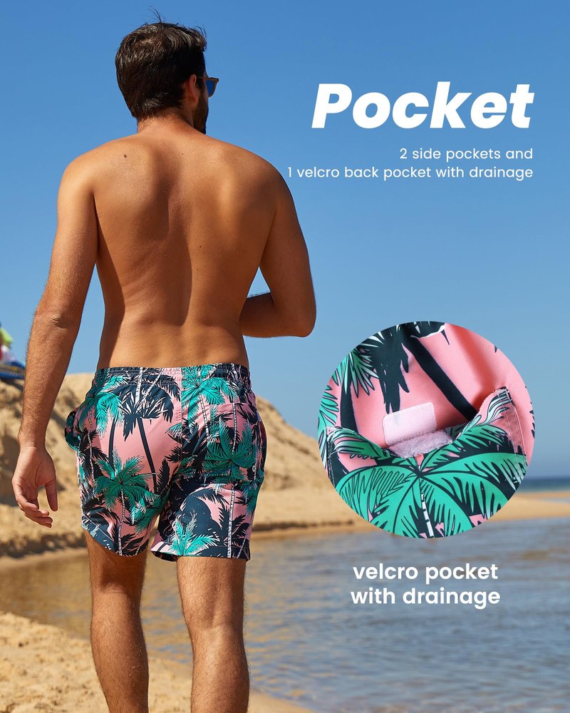 maamgic Mens Swim Trunks Quick Dry Swim Shorts with Mesh Lining Funny Swimwear Bathing Suits 7inch Pink Tree Medium