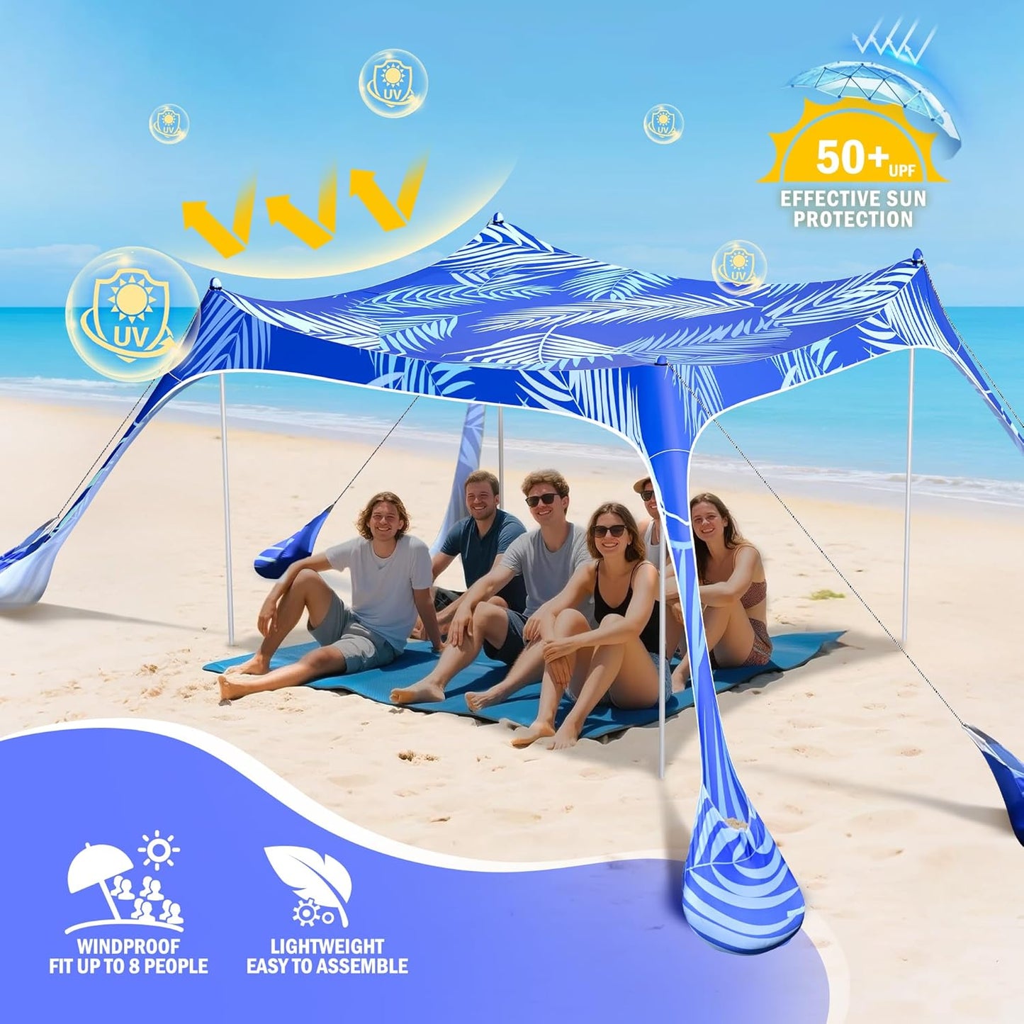 2PM SPORTS Beach Tent Canopy with UPF50+ UV Protection, Outdoor Large Beach Sun Shade Shelter for Family Picnic Camping Travel Shore Fishing, 8 Sandbags, Sand Shovel (Navy Blue, 10x10 FT)