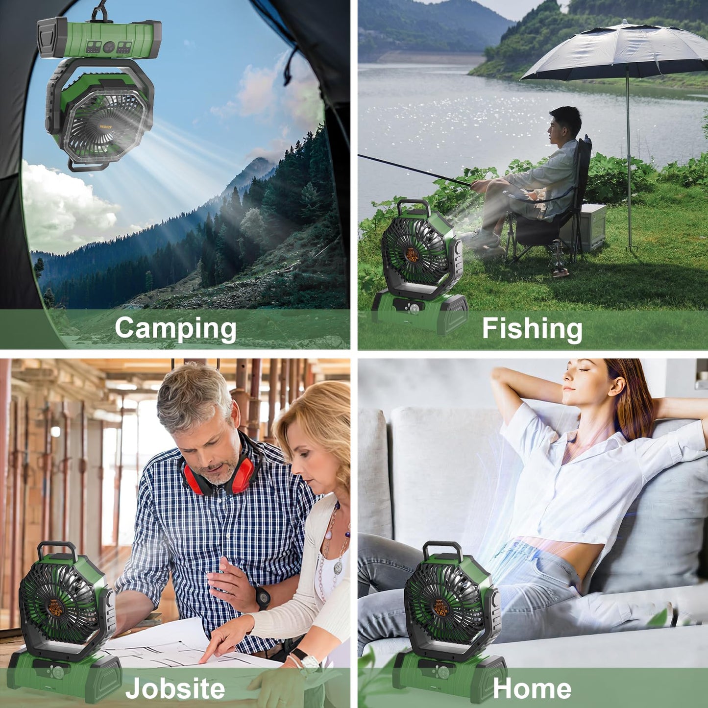 KEPEAK Rechargeable Camping Fan with LED Light, 20000Ah Battery Operated Powered Fan, 72H Runtime, Remote Control, 5.3m Airflow, Ultra-Quiet Portable Fan for Tents, Outdoor, Camping(Green)