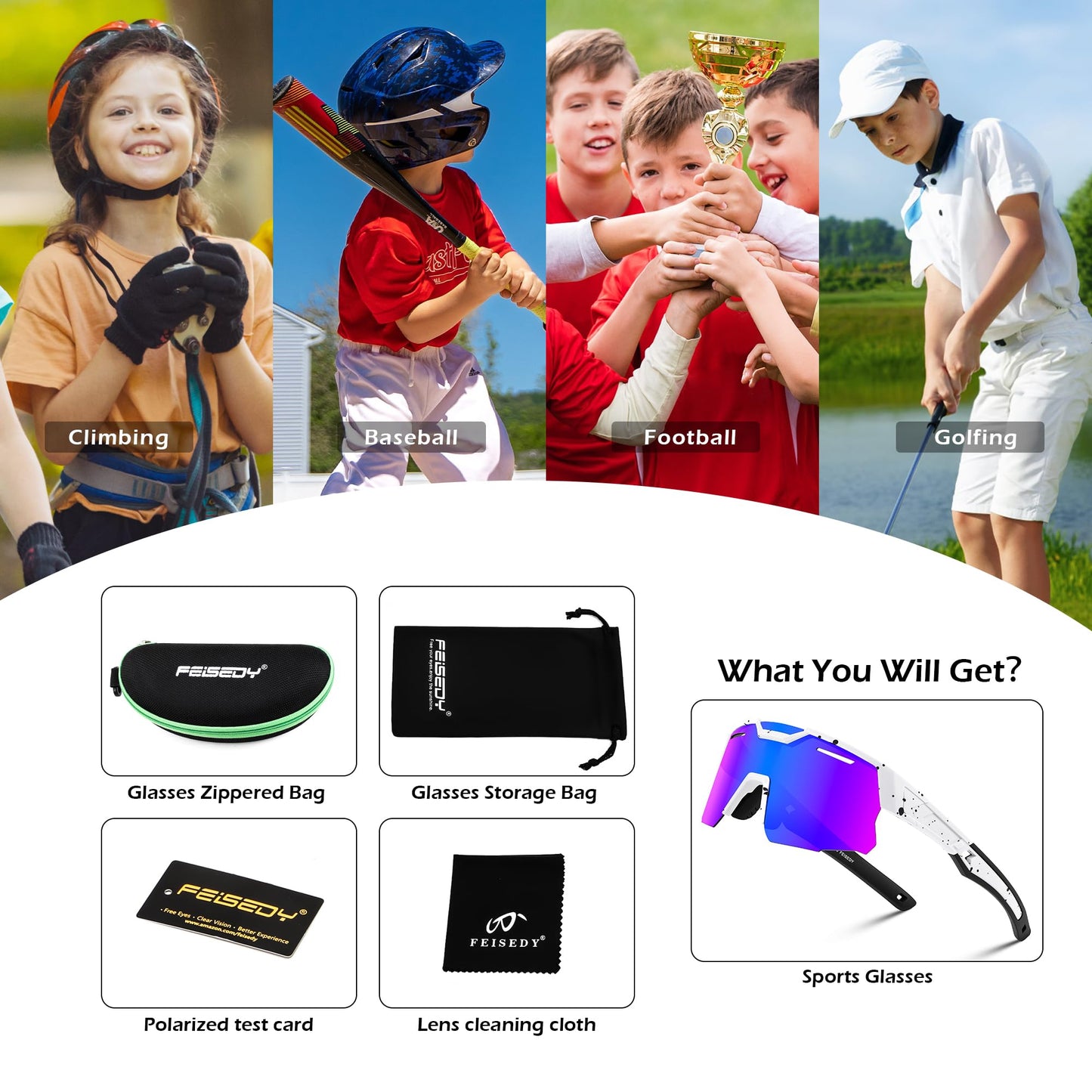 FEISEDY Teens Baseball Sunglasses Sports Cycling Glasses for Youth Polarized UV400 Boys Girls Age 8-14 B0093