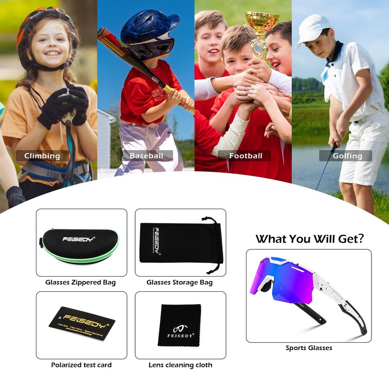 FEISEDY Teens Baseball Sunglasses Sports Cycling Glasses for Youth Polarized UV400 Boys Girls Age 8-14 B0093