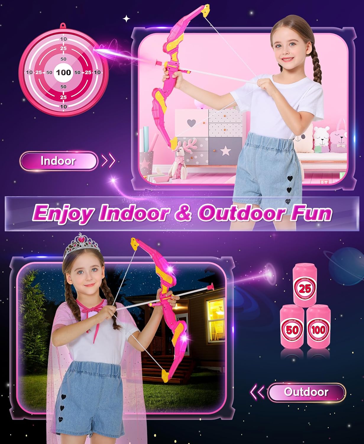 Kids Bow and Arrow Set Toys for Girls, LED Light Up Archery Bow Set with Princess Cape and Crown, 10 Suction Cup Arrows, Indoor and Outdoor Play Birthday Gift Toy for Kids Boys Girls
