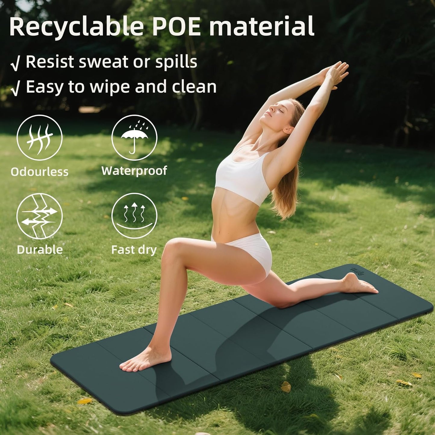 1/2inch Extra Thick Foldable Yoga Mat with SGS Certified Odourless POE Material - Light Weight Non Skid Easy to Clean Travel Workout Excercise Mat, 71x24inch