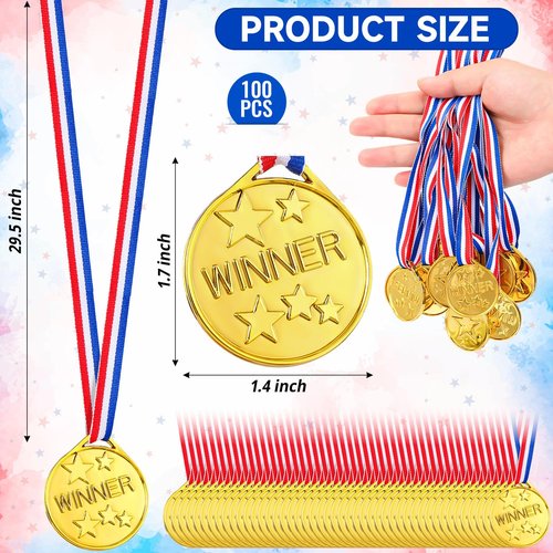 GCTWFYK 100 Pcs Plastic Gold Winner Medals for Kids, Award Medals Bulk with Ribbon for Sports Party Favors, Games Competition, Spelling Bee and Decorations