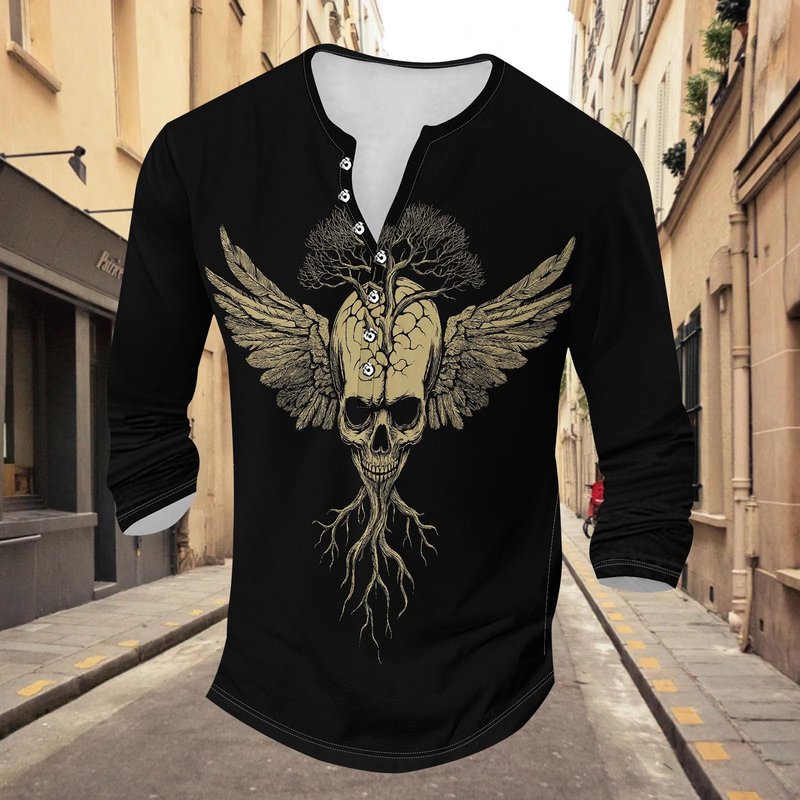 Men's Patriotic Henley Shirt Vintage Style National Pride Henley Shirt Long Sleeve Graphic Tee Distressed Design Print Casual Button Neck T-Shirt for Men