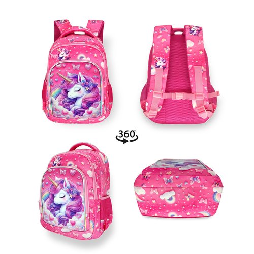 usmikeys Pink Unicorn Girls Backpack Cute Kids School Bag for Elementary Toddler Kindergarten Preschool, Children's Bookbag Travel Back Pack With Chest Strap 15"
