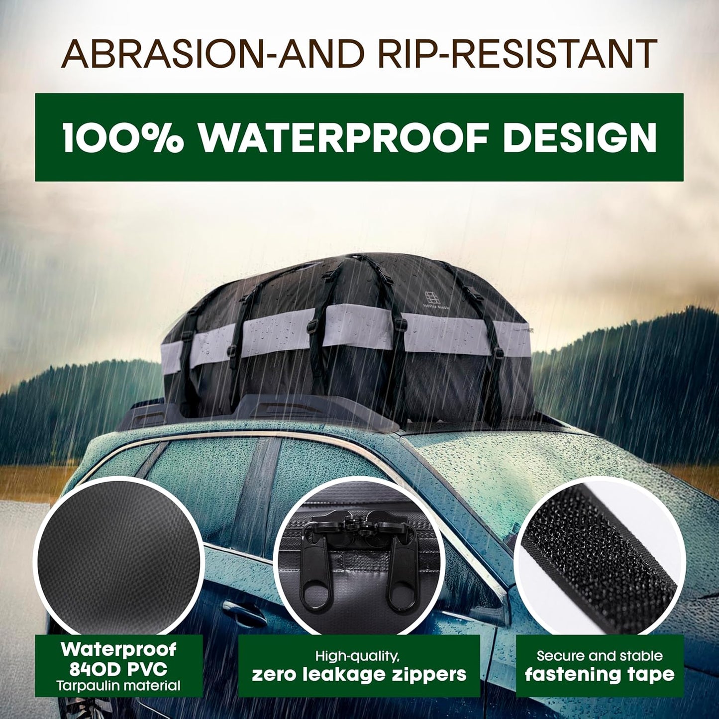 21 Cubic Feet Car Rooftop Soft Shell Cargo Carrier, 100% Waterproof - Car Storage for All Vehicle with/Without Racks - Attached Anti Slip Mat, Storage Bag, 6 Door Hooks and 6 Straps