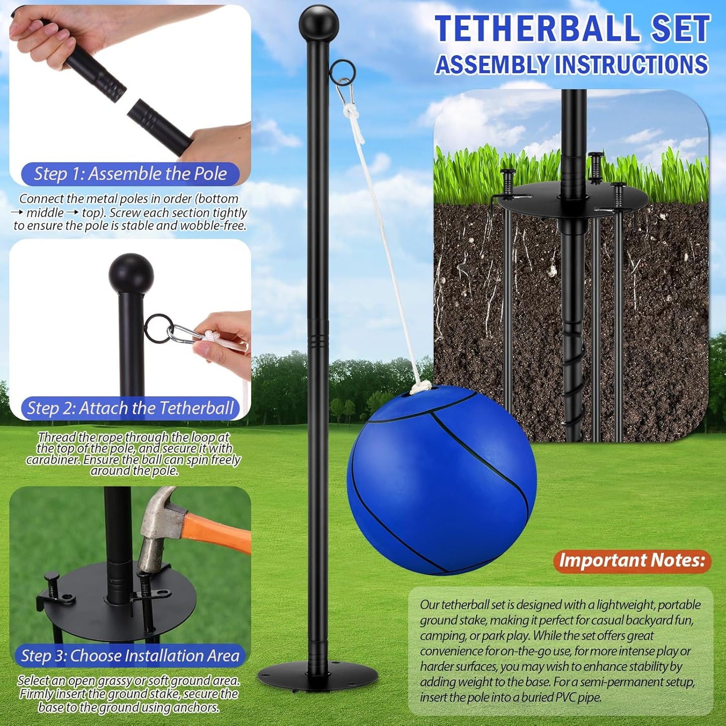 10 ft Tetherball Set with 2 Balls, Portable Replacement Tetherball Ball and Rope and Pole Tether Equipment Adjustable Pole Game for Adult Dog Outdoor Backyard Beach