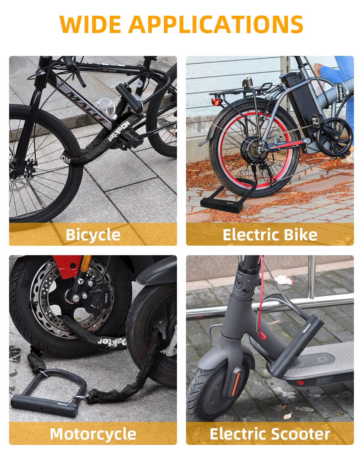 NDakter Bike Locks Heavy Duty Anti Theft 18mm Thick, Motorcycle U Lock with 4FT x 6mm Security Chain, 3Keys Large U-Shape Electric Bicycle Wheel Lock for Ebike, Escooter, Fat-Tire Dirt-Bike, Tricycle