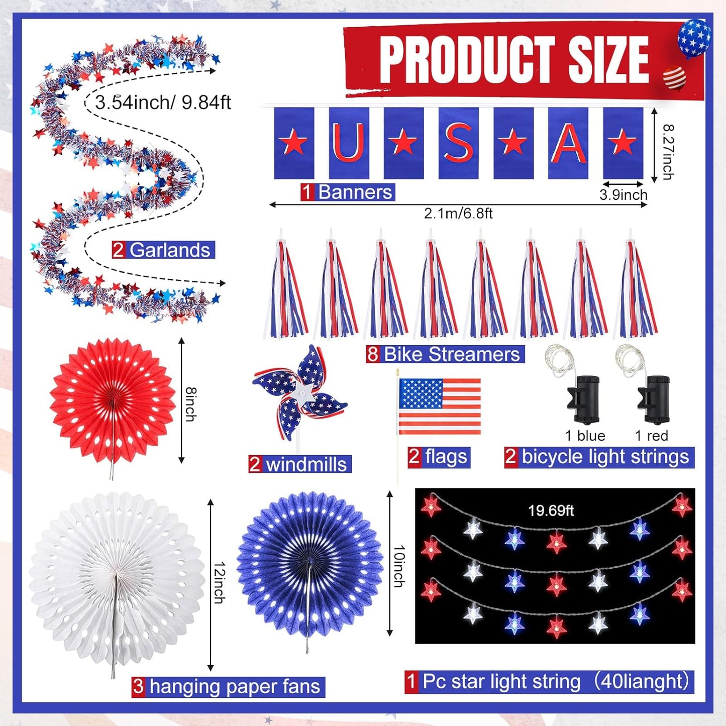 17pcs 4th of July Bike Decorations Patriotic Bicycle Decor Set Bike Wheel Lights LED Star String Light Tinsel Garland Streamer USA Flags Banner Independence Day Kids Bike Parade Red White Blue