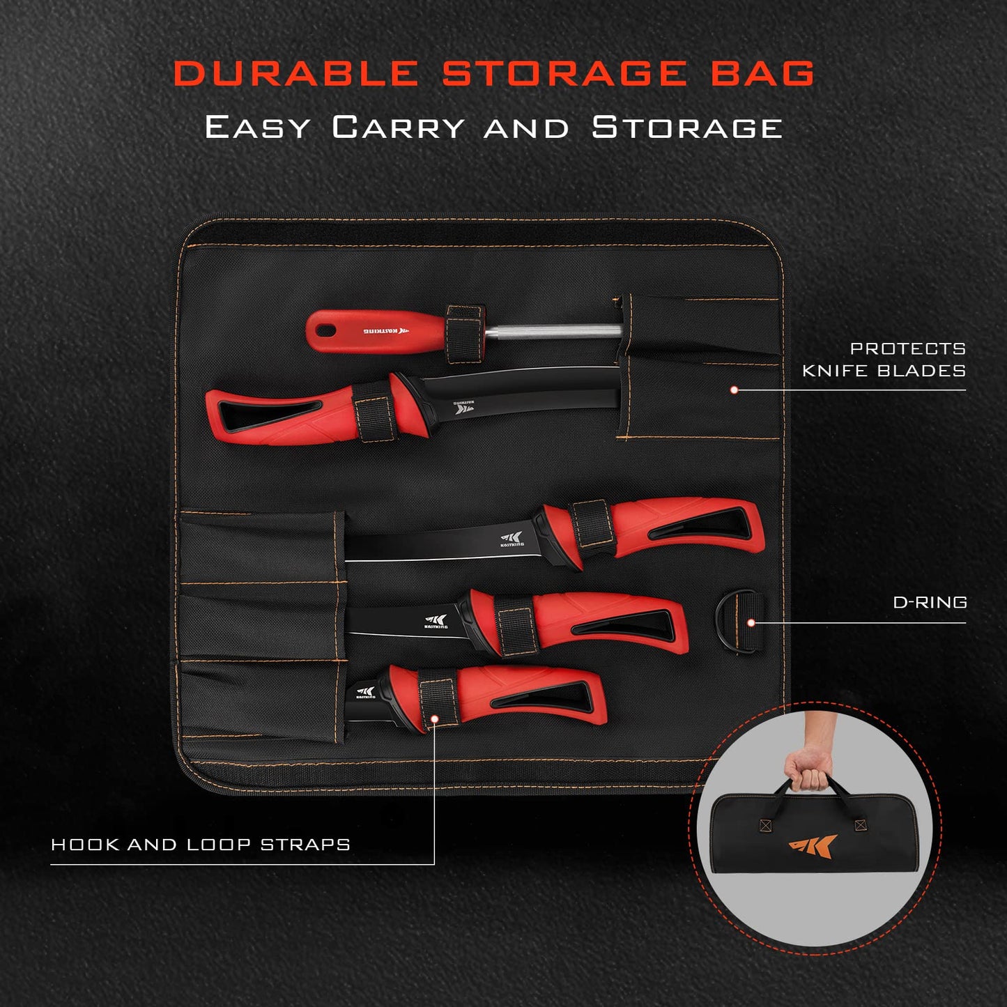 KastKing Intimidator Bait Knife and Filet Knives, Ultra-Sharp G4116 German Stainless-Steel Blades, Fresh or Saltwater, Non-Slip Handle, Durable Storage Bag, and Honing Rod