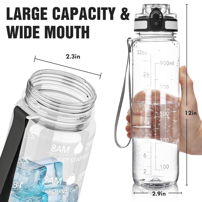 OLDLEY Water Bottle, 32oz Motivational Sports Water Bottle with Time Marker - Times to Drink - Tritan, BPA Free, Wide Mouth Leakproof, Eclipse Eve (1 Bottle)