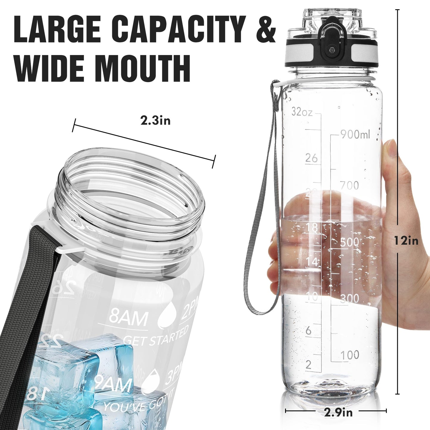 OLDLEY Water Bottle, 32oz Motivational Sports Water Bottle with Time Marker - Times to Drink - Tritan, BPA Free, Wide Mouth Leakproof, Navy Blue Green (1 Bottle)