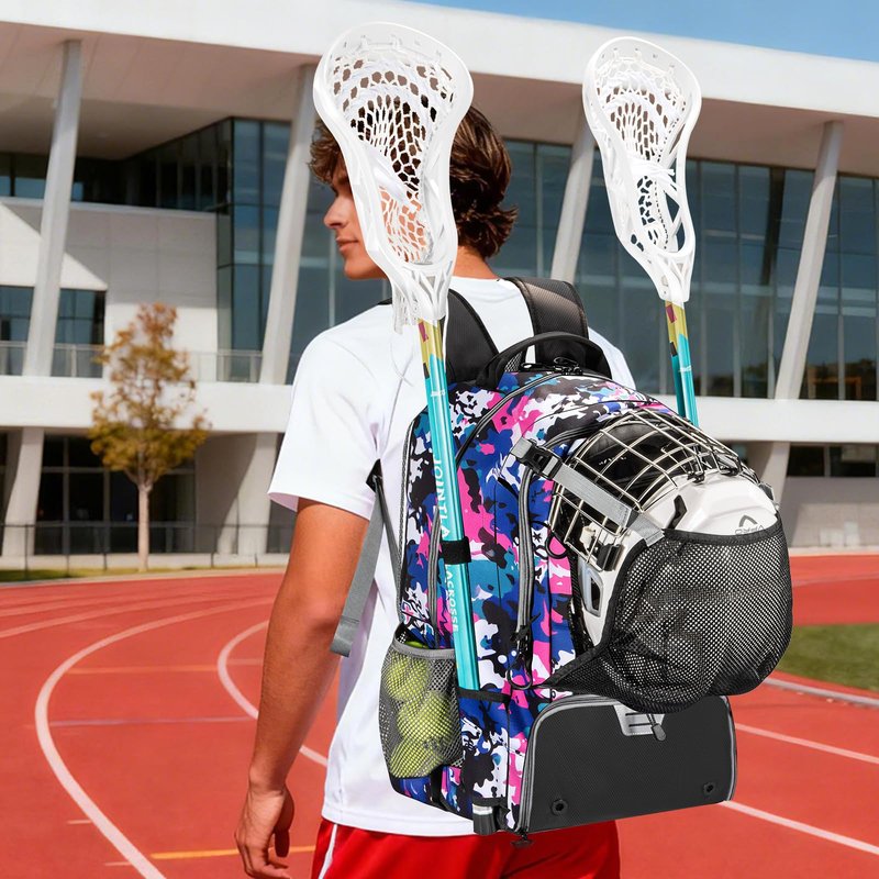 BAIXIXIG Lacrosse Bag for Kids and Youth, Lacrosse Backpack with Helmet Holder and Shoes Compartment, Waterproof Field Hockey Gears Bag for Boys & Girls, Pink