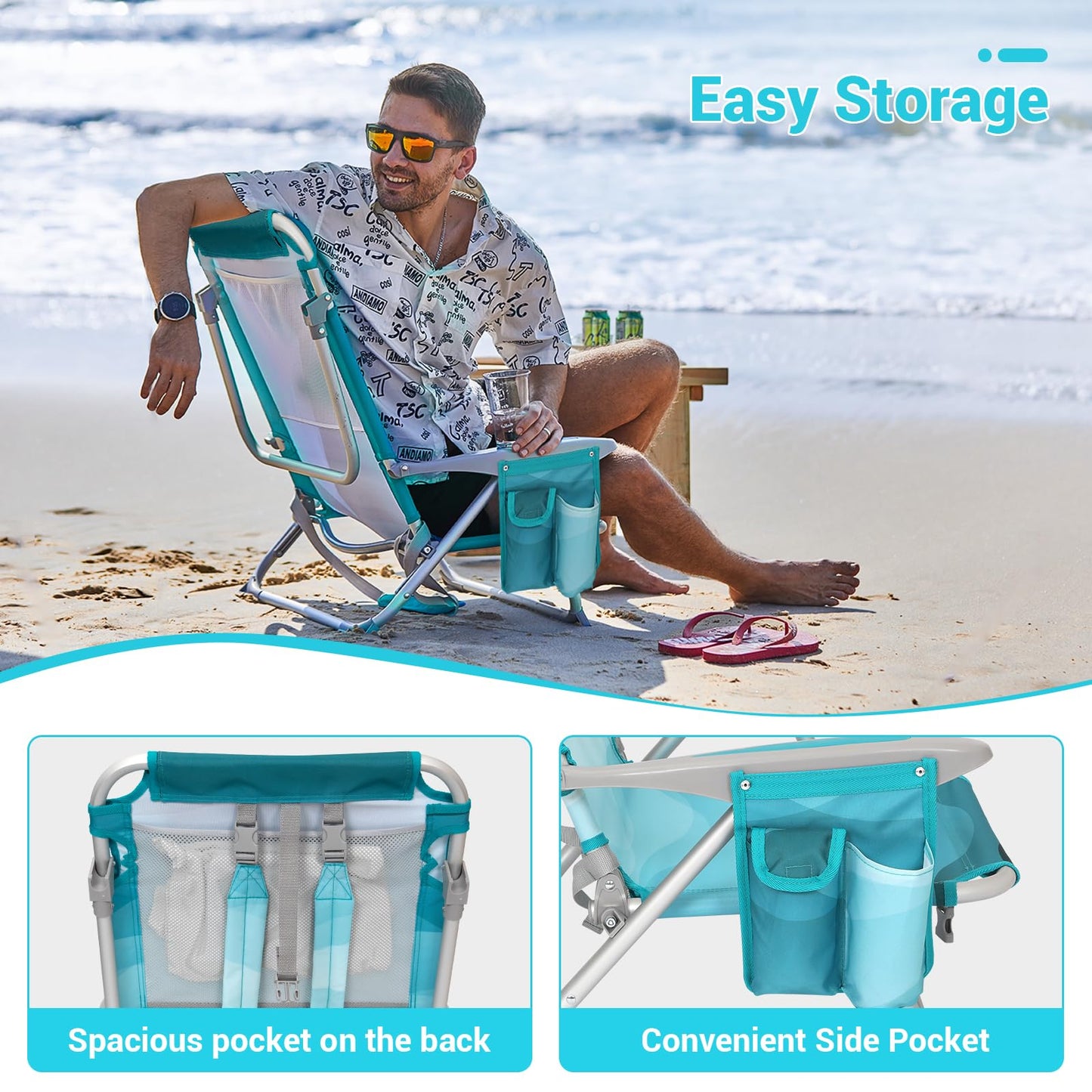 #WEJOY Lightweight Low Beach Chair for Adults, 4-Position Aluminum Folding Camping Chairs with Shoulder Strap, Cup Holder and Padded Headrest, Supports 265lbs for Lawn Outdoor,Cyanpattern