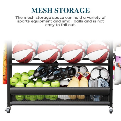 Homeiju Sports Equipment Organizer, Ball Storage Rack, Garage Sports Gear Rack with Wheels and Hooks, Indoor/Outdoor Shelf Rack for Sports Gear, Black