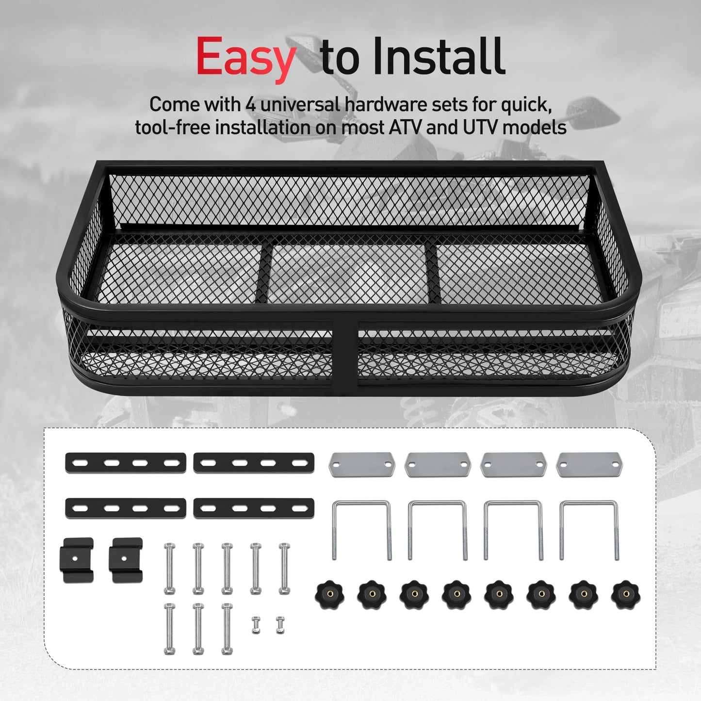 JY PERFORMANCE ATV Front Cargo Basket, Heavy Duty ATV Racks and Baskets for Camping, Fishing, Beach Side, Hiking, 36" L x 17.3" W x 6.3" H