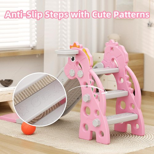 67i Toddler Slide for Indoor & Outdoor Play with Basketball Hoop, Anti-Slip Steps, 46.8in Baby Climber (Pink)