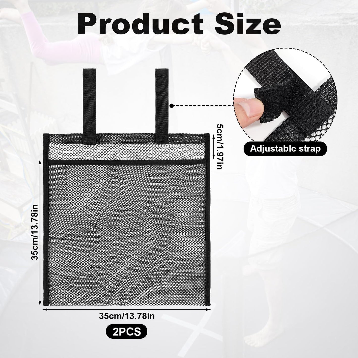 2pcs Trampoline Shoes Bag, Large Mesh Storage Organizer with Adjustable Straps Durable Shoe Holder Pouch for Trampoline Accessories Kids & Adults (Black)