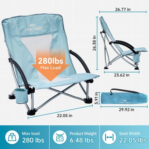 ABSCONDO Low Beach Chair for Camping, Picnic, Sporting,Lightweight Camping Chair for Adults,Folding Beach Chair with Cup Holder & Carry Bag(2pcs)