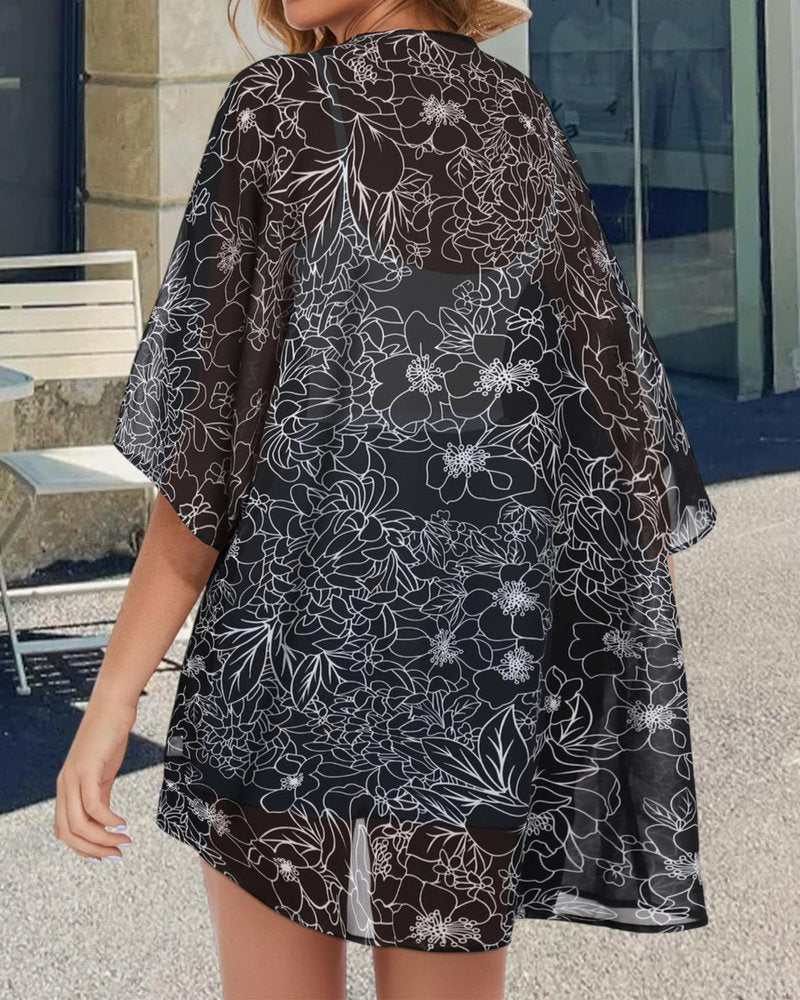Womens Floral Kimono Cardigans Loose Puff Sleeve Casual Beach Coverups Tops (Black Brief Flowers,XL)