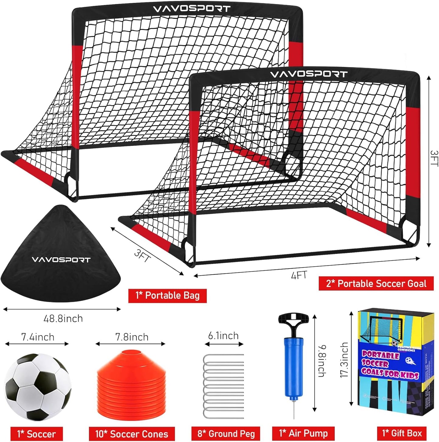 Kids Soccer Goals for Backyard Set, 2 of 4x3 / 6x4 ft Portable Soccer Goal Nets, Pop Up Mini Toddler Soccer Net Training Equipment & Ball, Cones for Ages 3-14, Outdoor Games Gifts for Youth