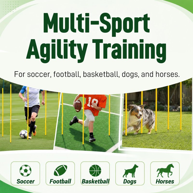 6 Pcs Soccer Agility Poles for Training, 5 FT Adjustable Speed and Agility Training Equipment for Football/Basketball/Horse/Dog Practice, Soccer Sticks with Steel Ground Nails Outdoors (Yellow)