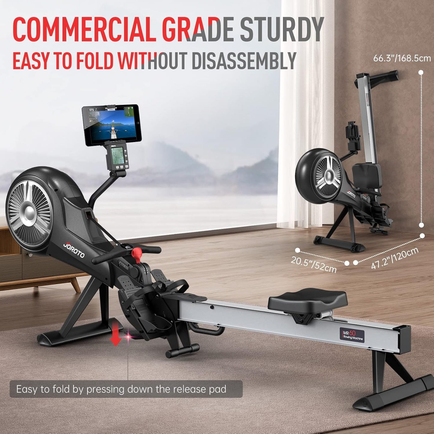 JOROTO Rowing Machine for Home Foldable, Air Magnetic Rowing Machines with 10-Level Adjustable Resistance, Quiet Ergonomic Seat,Bluetooth App, Max 350LBS, Space-Saving Home Gym, Gray