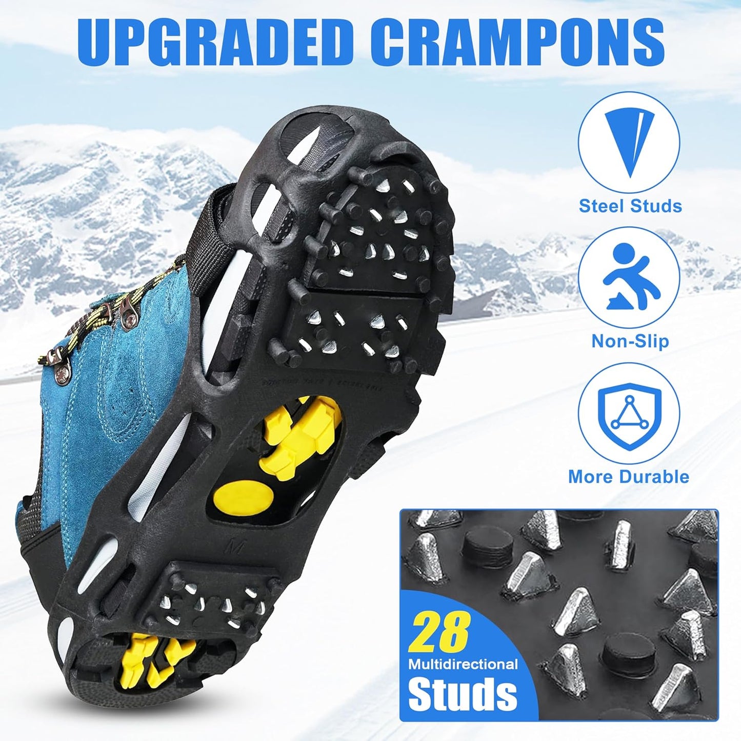 Ice Cleats for Shoes and Boots, Non Slip Ice Shoes Grippers 28 Studs Snow Cleats Crampons for Women Men Ice & Snow Cleats with Adjustable Straps for Winter Hiking Walking Ice Fishing