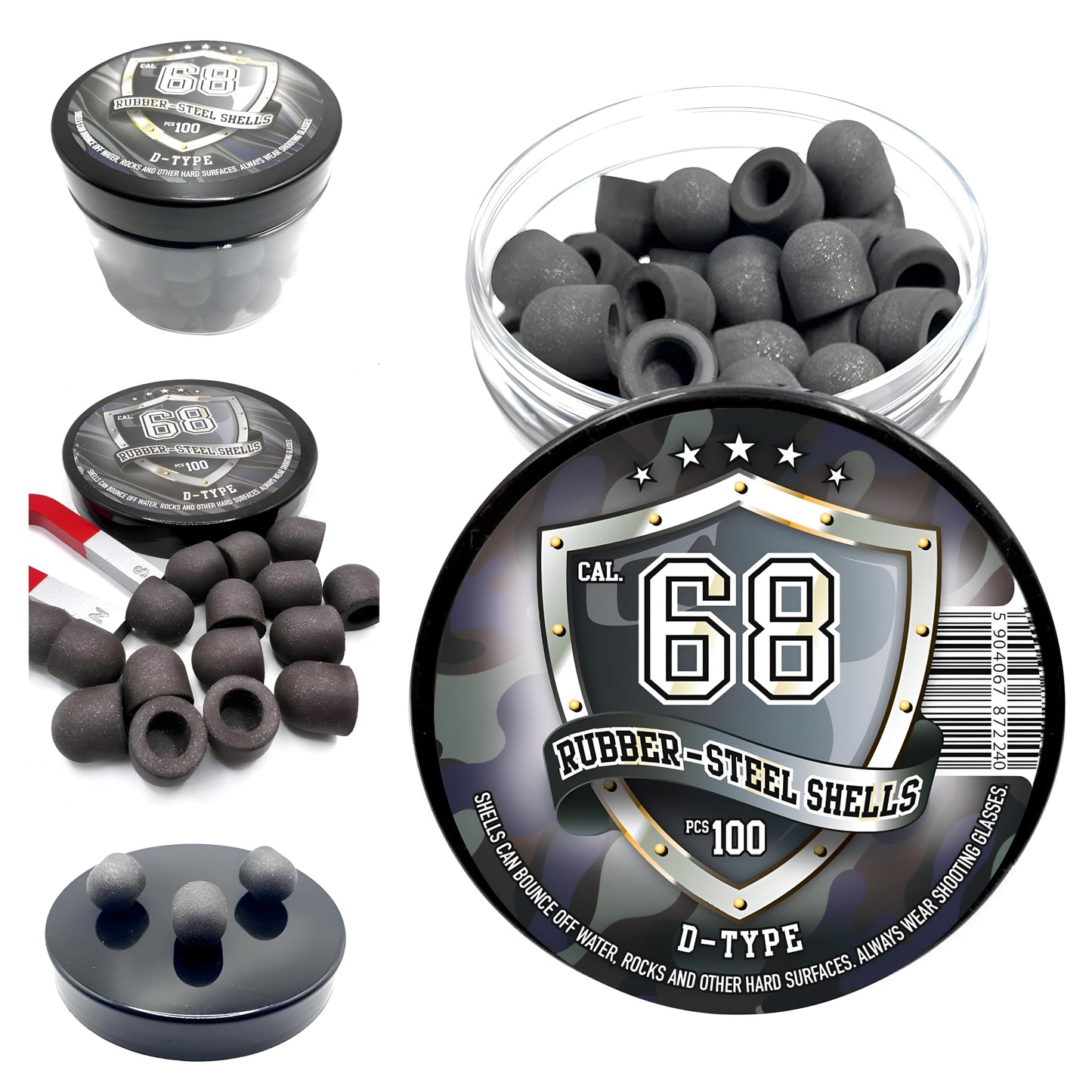 100 x D-Type Hard Mix Rubber Steel Shells Rubber Balls Mixed with Steel Powder 6 Grams Heavy Ammunition for Training Home Self Defense Paintball Pistols in 68 Caliber