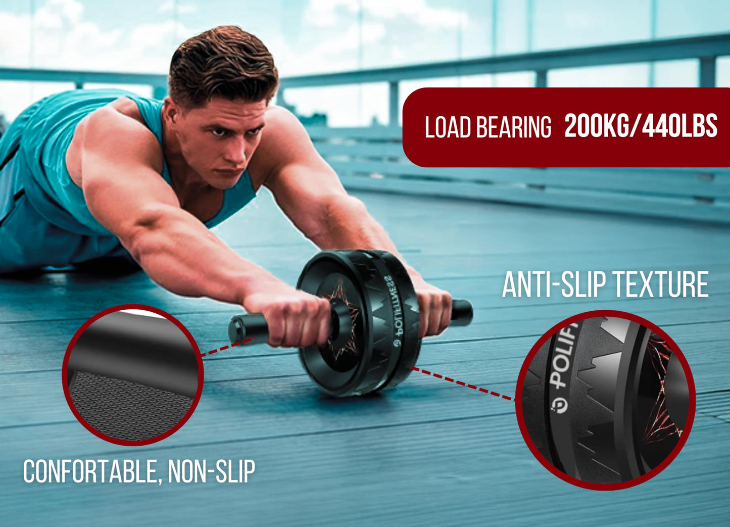 *POLIFITNESS* Ab Roller Wheel, Abs & Core Workout Equipment for Full-body Strength Training – Home Gym Exercise Wheel for Men and Women with Knee Pad Accessories