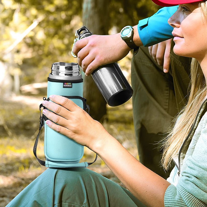 Nuovoware Water Bottle Carrier Bag, 25oz/32oz Pouch Holder, Adjustable Shoulder Hand Strap 2 Pocket Sling Neoprene Sleeve Sports Water Bottle Bag for Men Women Hiking Travelling, Dusty Blue