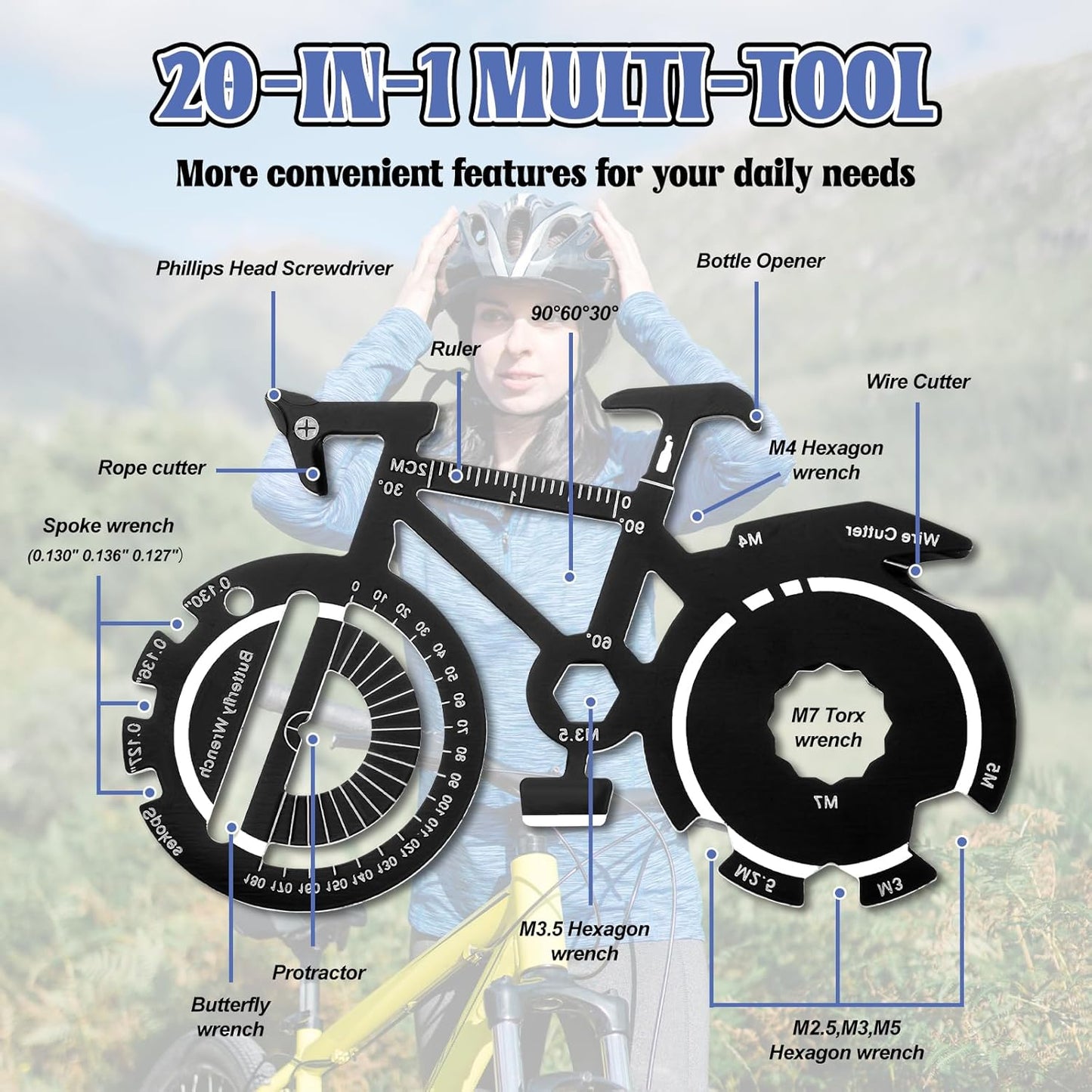 20 in 1 Bicycle Shaped Keychain Multitool Card - Pocket Multi-Tool for Bike Lover Men Key Chain gift for Dad Husband Birthday Father's Day - Black Stainless Steel