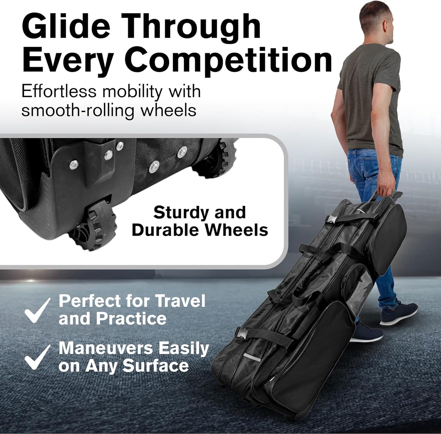 Two Compartment Fencing Bag, Wheeled Sports Equipment Bag for Foil Epee and Saber, Travel Gear, Competition Roll Bag with Straps, Elite Competition Team Bag Adjustable Compartments