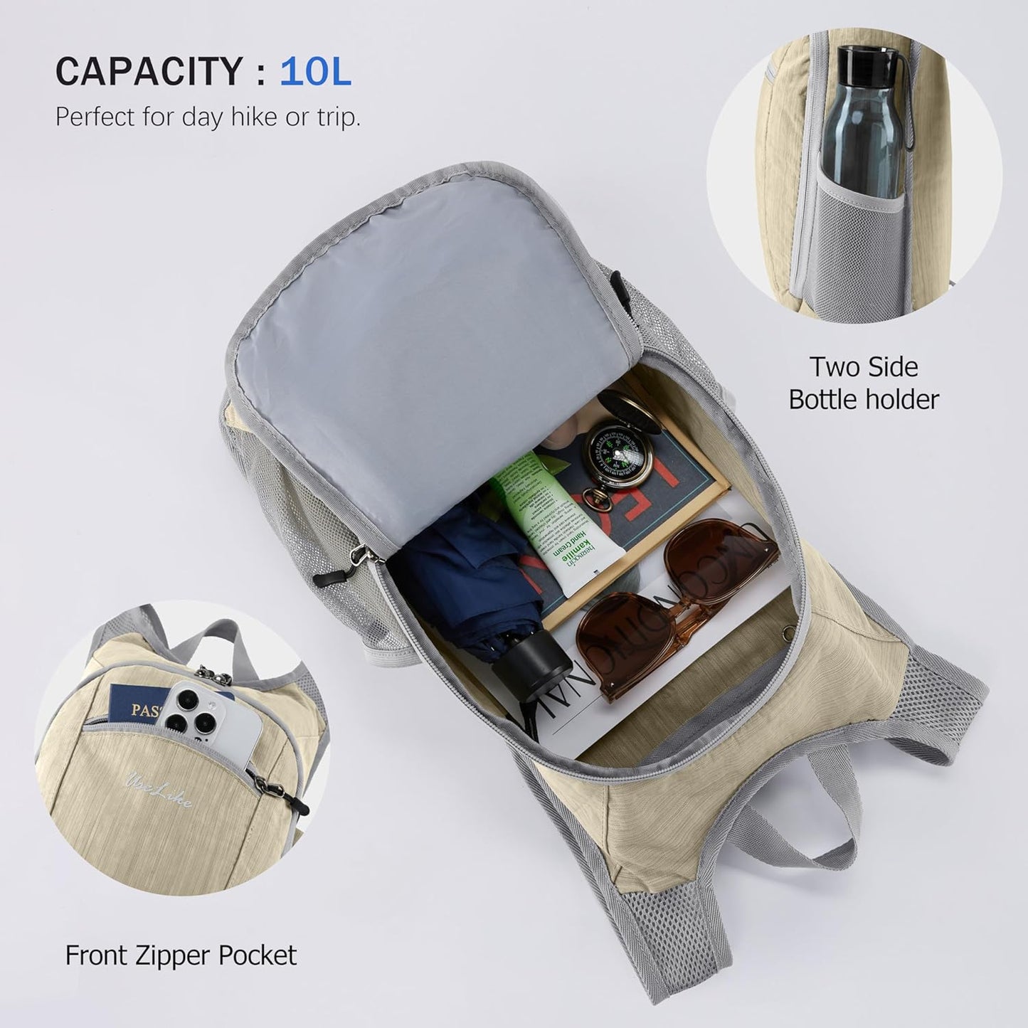 10L Small Hiking Backpack Travel Daypack Lightweight Packable Back Pack for Women Men(Black)