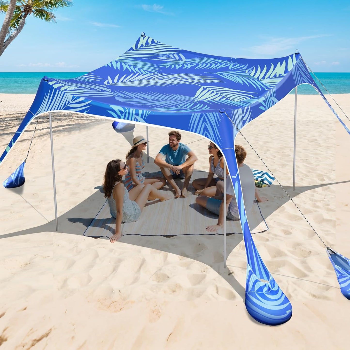 2PM SPORTS Beach Tent Canopy with UPF50+ UV Protection, Outdoor Large Beach Sun Shade Shelter for Family Picnic Camping Travel Shore Fishing, 8 Sandbags, Sand Shovel (Navy Blue, 10x10 FT)