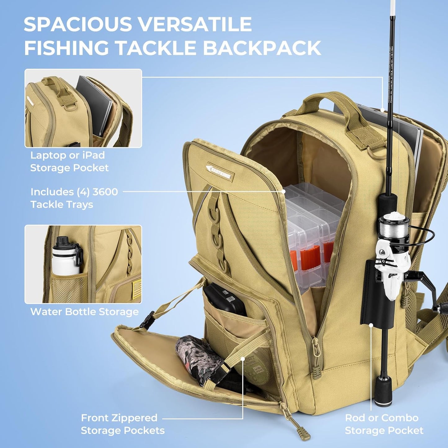 KastKing KarryAll Fishing Tackle Backpack with Rod Holder 4 Tackle Boxes,40/26L Tackle Bag Storage Fishing Gear and Equipment